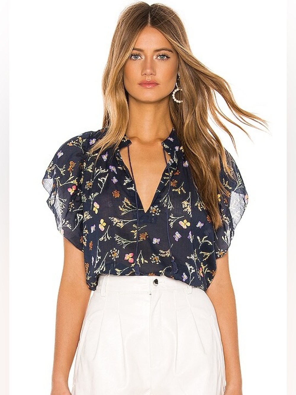 Trovata Birds of Paradise Brett Bohemian Navy Floral Blouse Top Size Small